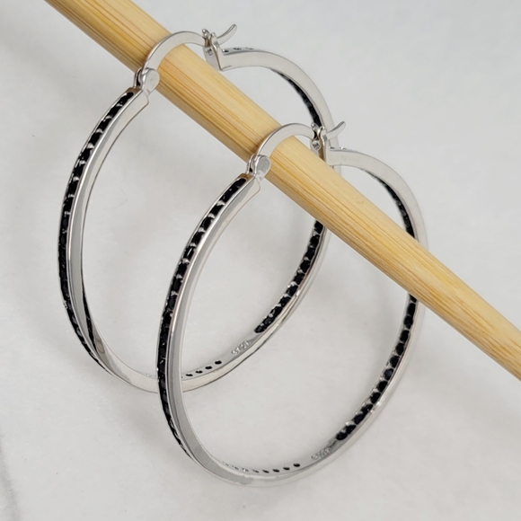 Sterling Silver 2" Black Spinel Hoops - Picture 5 of 12